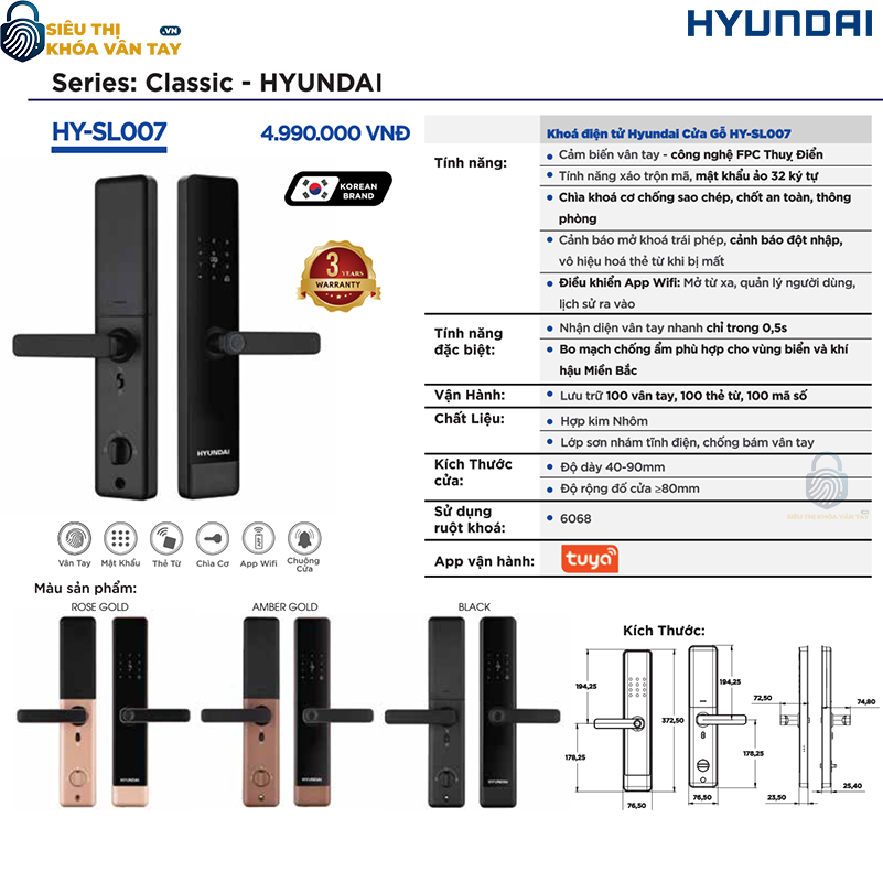 Smartlock Hyundai HY-SL007 Black bảo mật tối ưu cho cửa gỗ