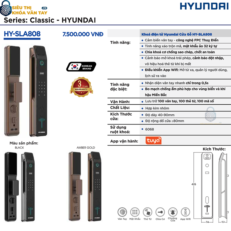 Khóa cửa gỗ thông minh Hyundai HY-SLA808 phiên bản đen hiện đại