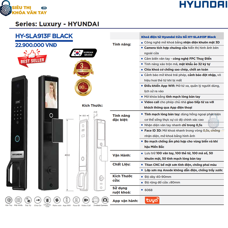 Khóa điện tử Hyundai HY-SLA913F màu đen lắp cho cửa gỗ
