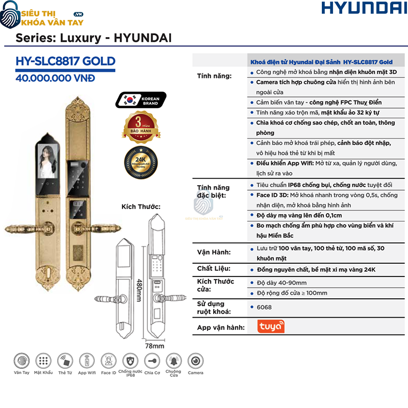 thông tin kỹ thuật Khóa vân tay Hyundai HY-SLC8817 Gold dành cho cửa đại sảnh