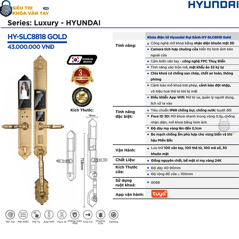 Khóa vân tay Hyundai HY-SLC8818 Gold cho cửa đại sảnh