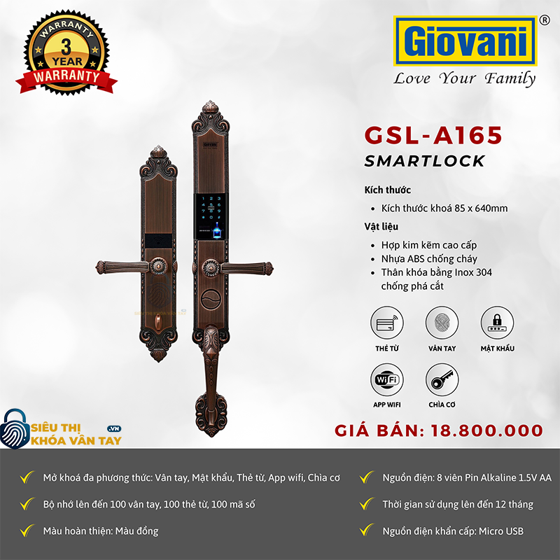 Khóa thông minh cổ điển Giovani GSL-A165 màu đồng, bảo mật cao, thiết kế sang trọng
