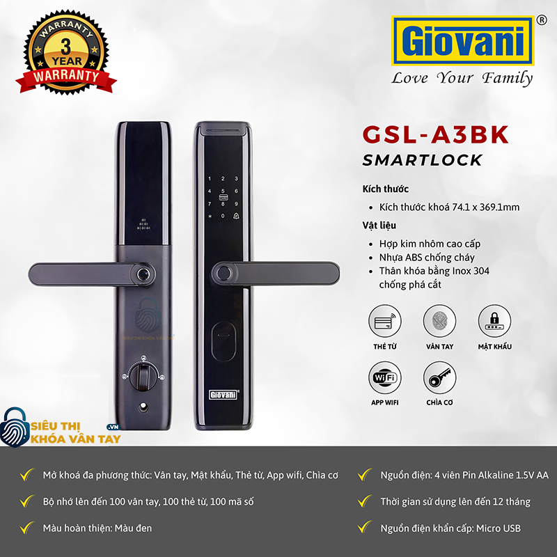 Khóa vân tay Giovani cửa gỗ GSL-A3BK màu đen