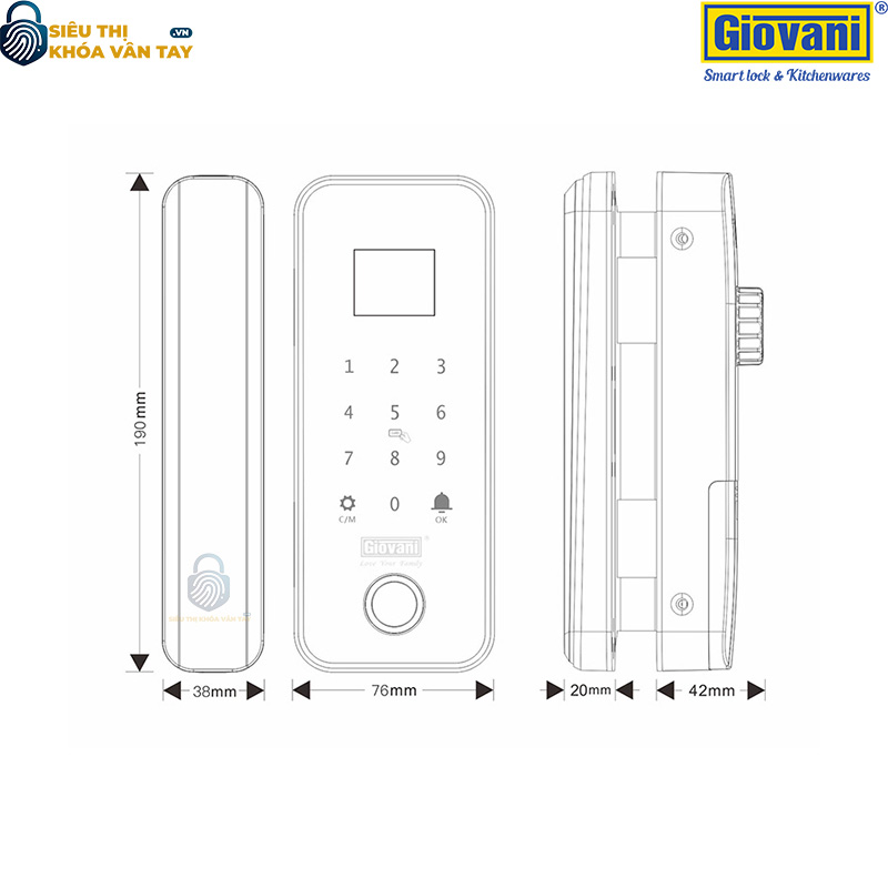 Khóa thông minh cửa kính Giovani GSL-G1B, bảo mật cao, thiết kế hiện đại
