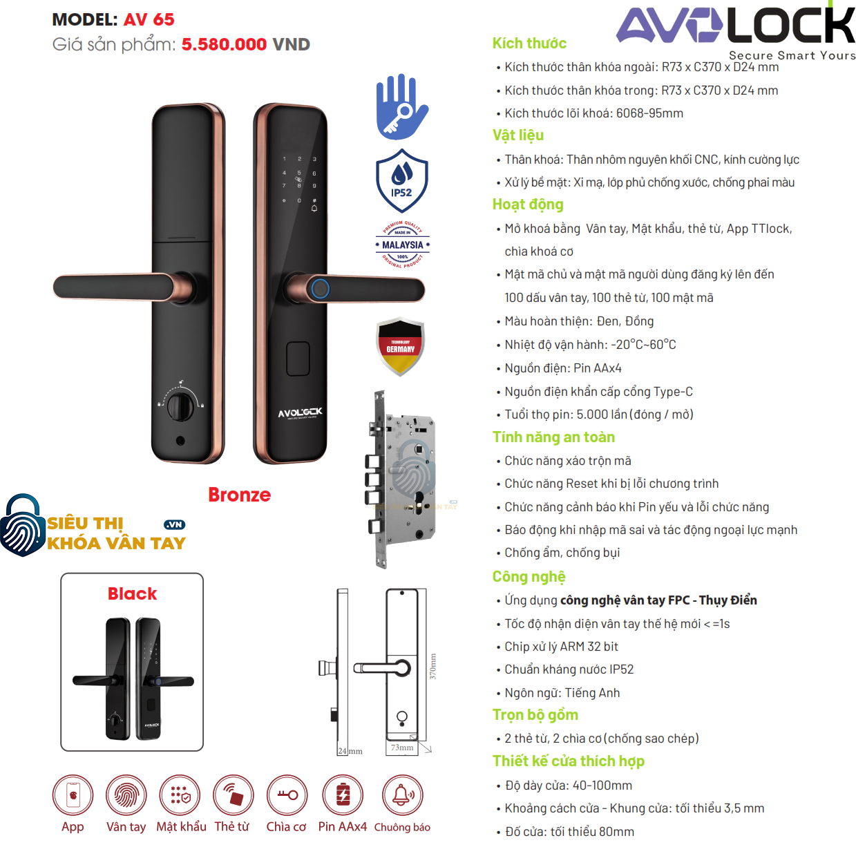 Khóa Vân Tay Avolock Cửa Gỗ  AV 65