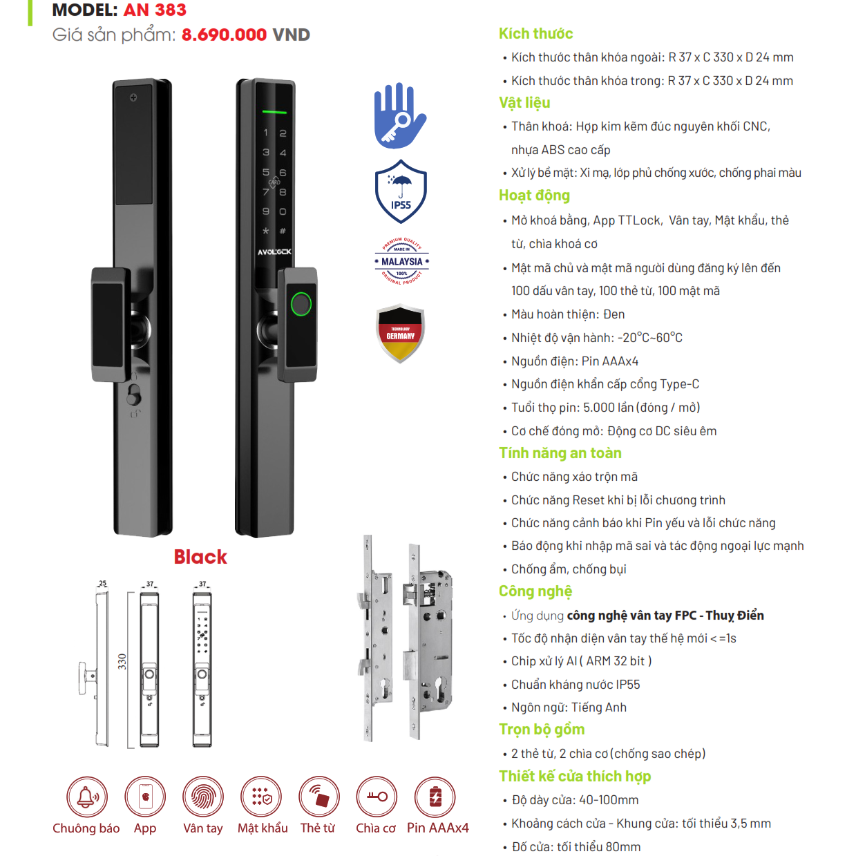 Khóa Vân Tay Avolock Cửa Nhôm AN 383