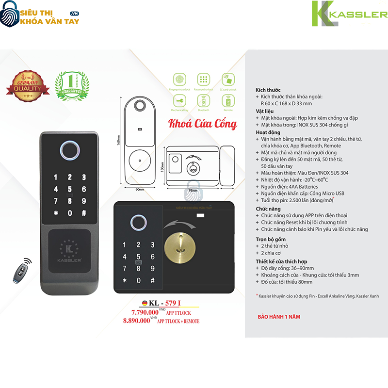 Khóa vân tay cửa cổng Kassler KL-579