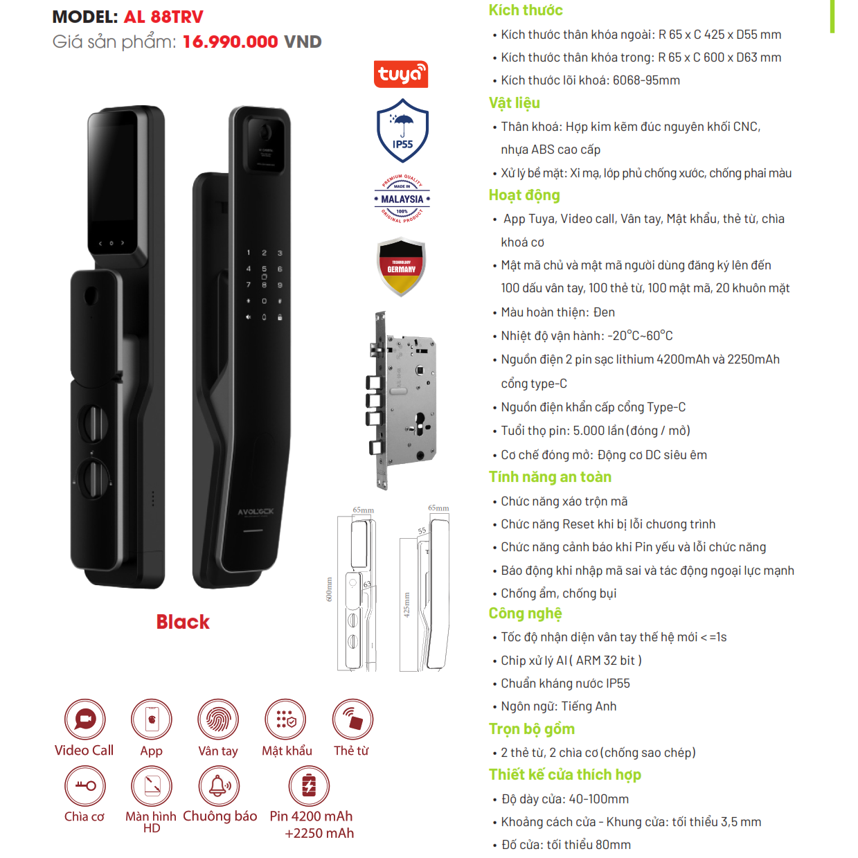 Khóa Avolock 88TRV hỗ trợ vân tay, mã số, thẻ từ và chìa cơ dự phòng