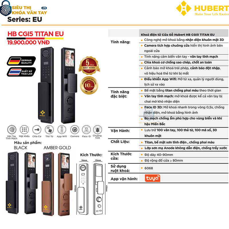 Khóa vân tay cửa gỗ Hubert CG15 TITAN EU thông minh bảo mật