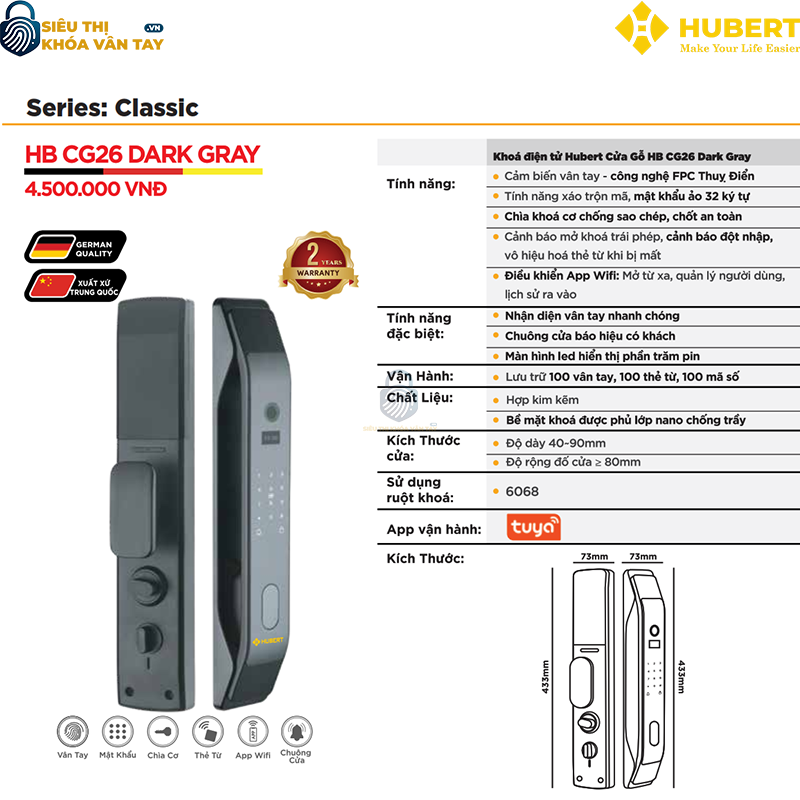 khóa vân tay cửa gỗ Hubert CG26 Dark Gray dễ dàng lắp đặt