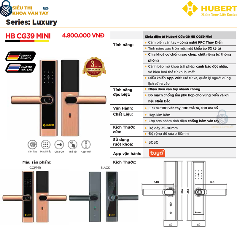 Khóa vân tay cửa gỗ Hubert CG39 MINI bảo mật an toàn cho ngôi nhà của bạn