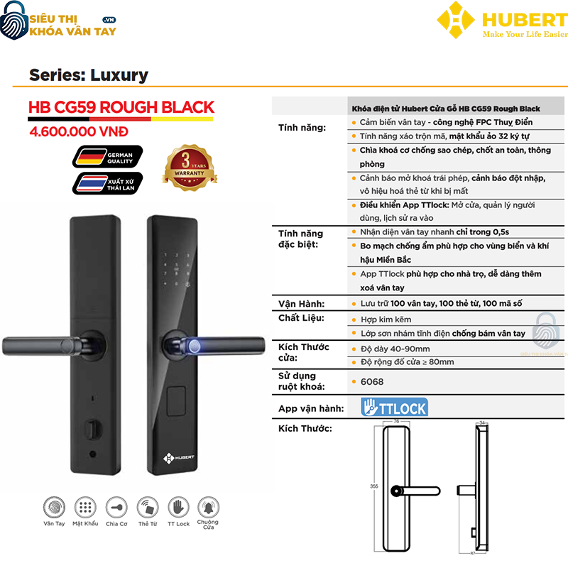 Khóa vân tay cửa gỗ Hubert CG59 ROUGH BLACK bảo mật tuyệt đối cho ngôi nhà của bạn