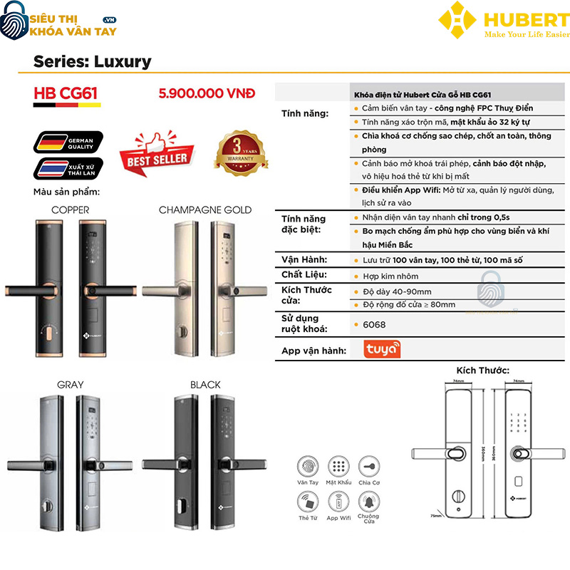 Khóa vân tay cửa gỗ Hubert CG61 thiết kế hiện đại dễ dàng sử dụng