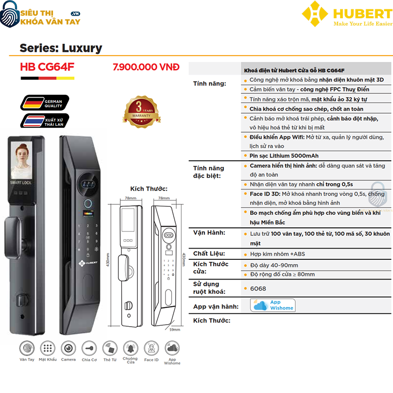 Khóa vân tay cửa gỗ Hubert CG64F thông minh bảo mật