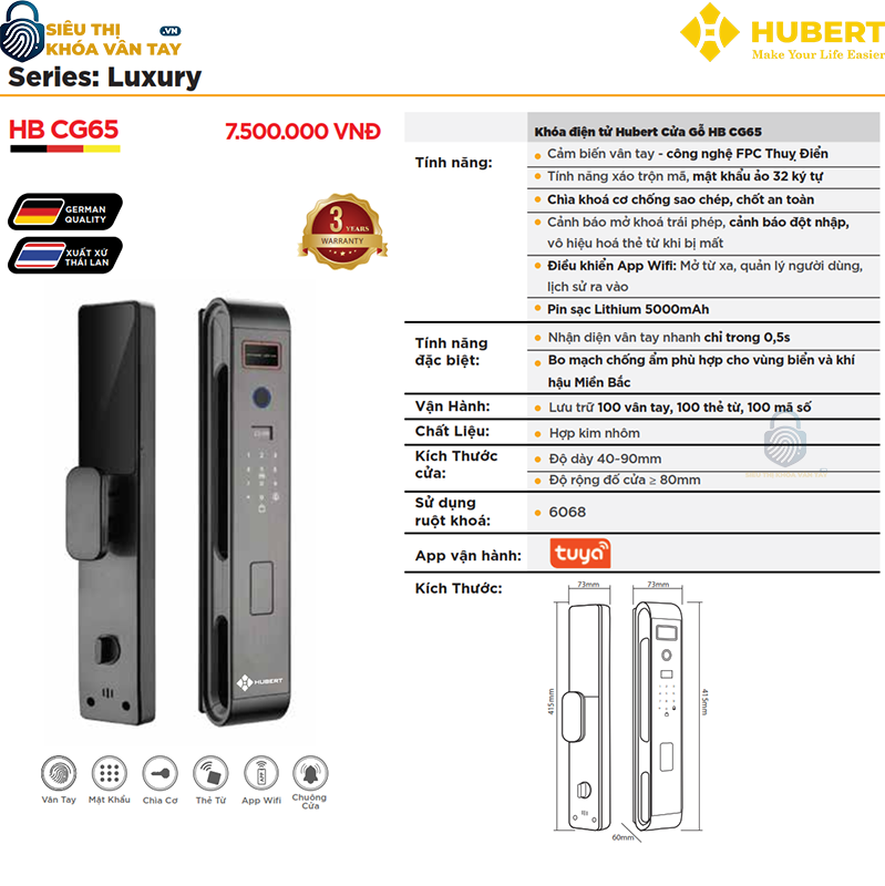 Khóa vân tay cửa gỗ Hubert CG65 chính hãng cao cấp