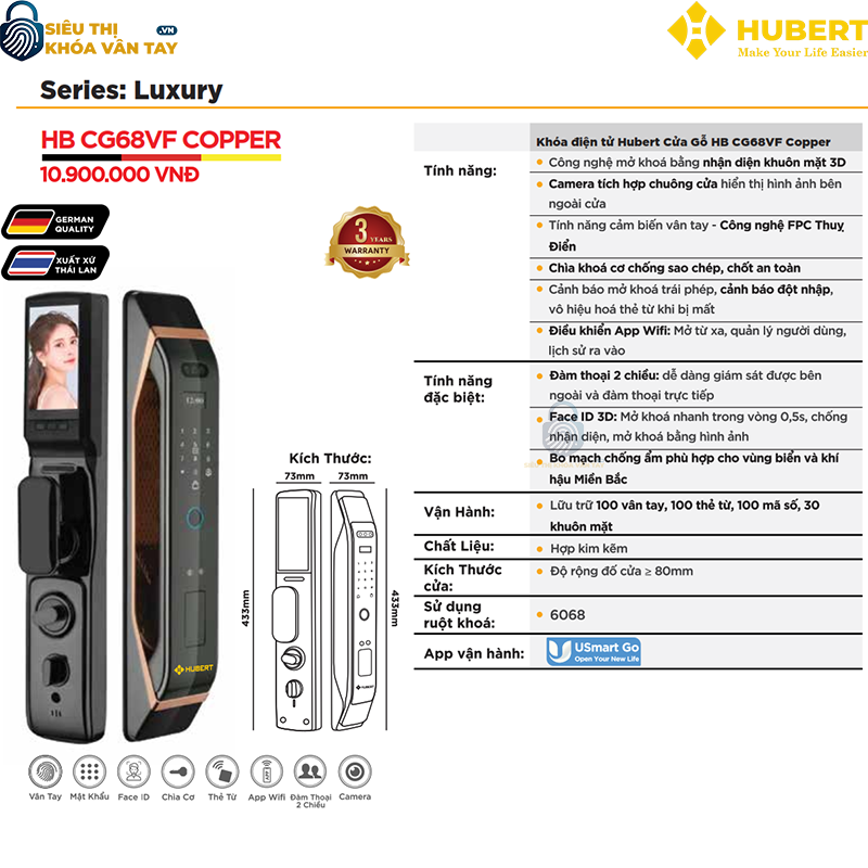 Khóa vân tay cửa gỗ Hubert CG68VF COPPER an toàn chống trộm