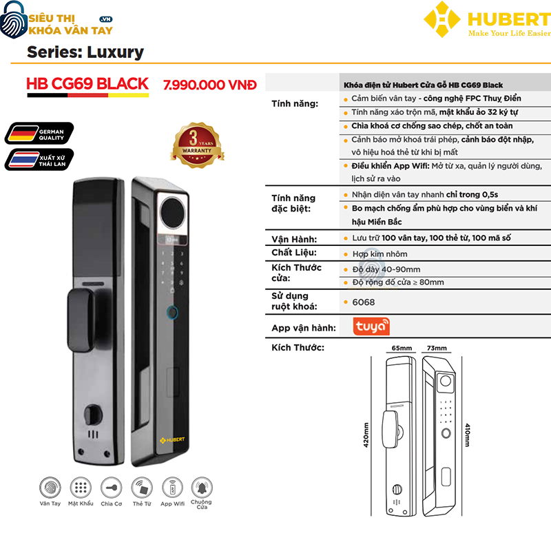 Khóa vân tay cửa gỗ Hubert CG69 BLACK chính hãng cao cấp