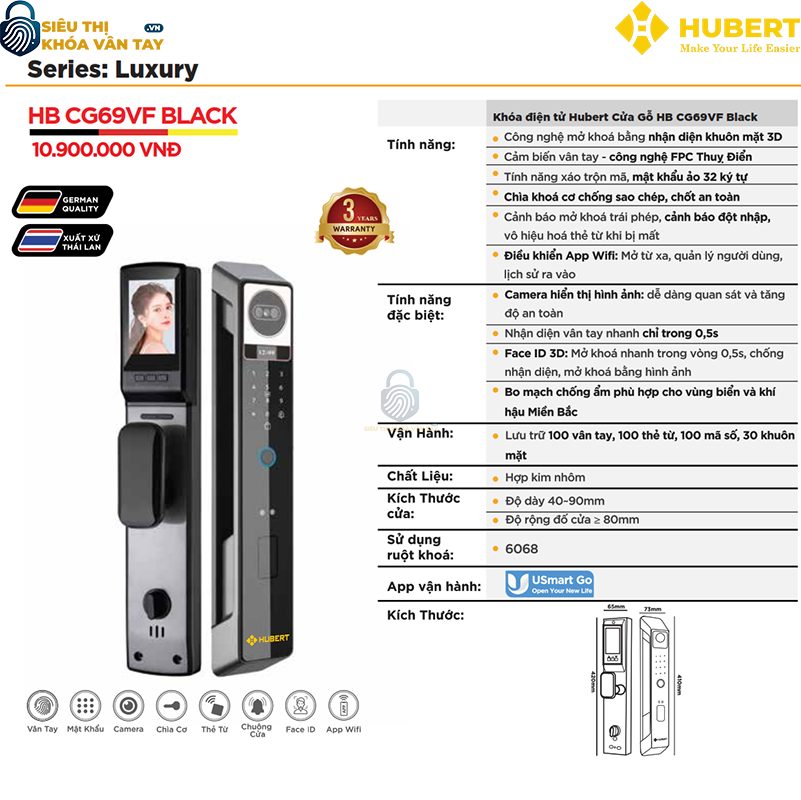 Khóa vân tay cửa gỗ Hubert CG69VF Black giá rẻ chất lượng