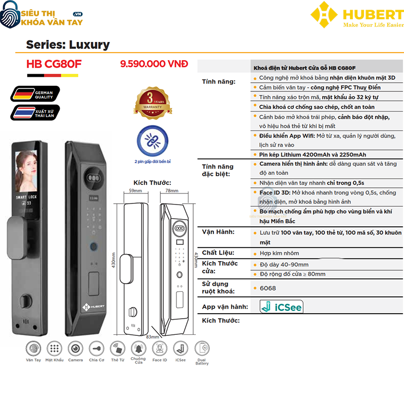 Khóa vân tay cửa gỗ Hubert CG80F thiết kế hiện đại