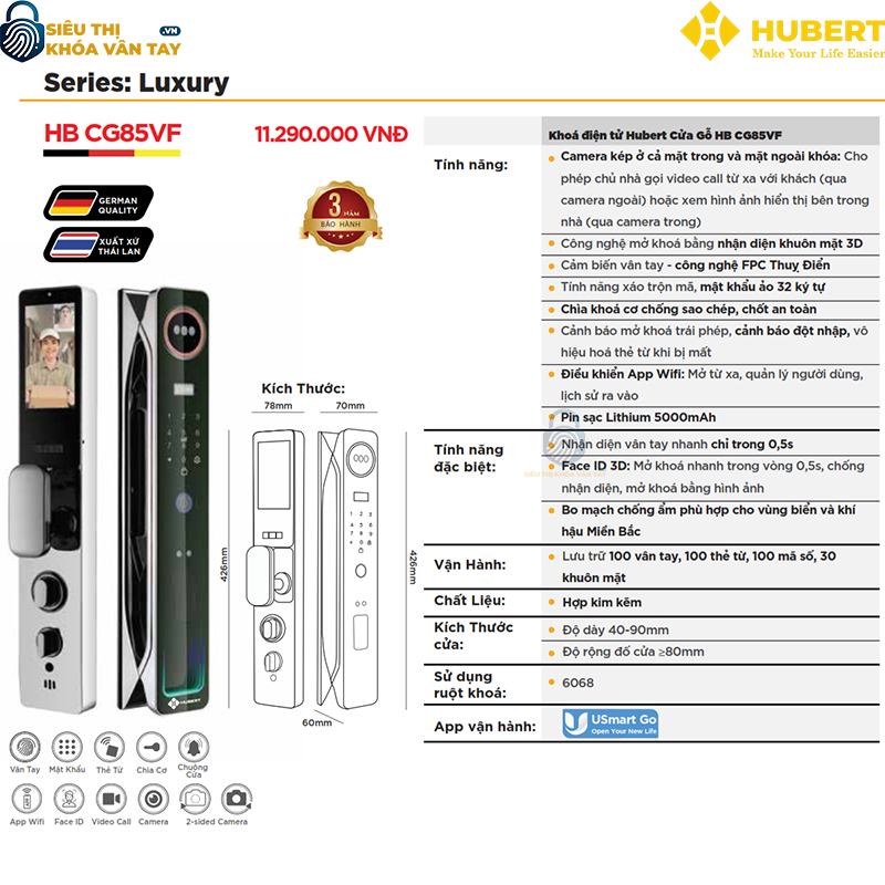 Khóa vân tay cửa gỗ Hubert CG85VF thiết kế hiện đại
