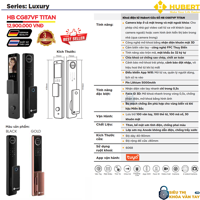 Khóa vân tay cửa gỗ Hubert CG87VF TITAN thông minh bảo mật