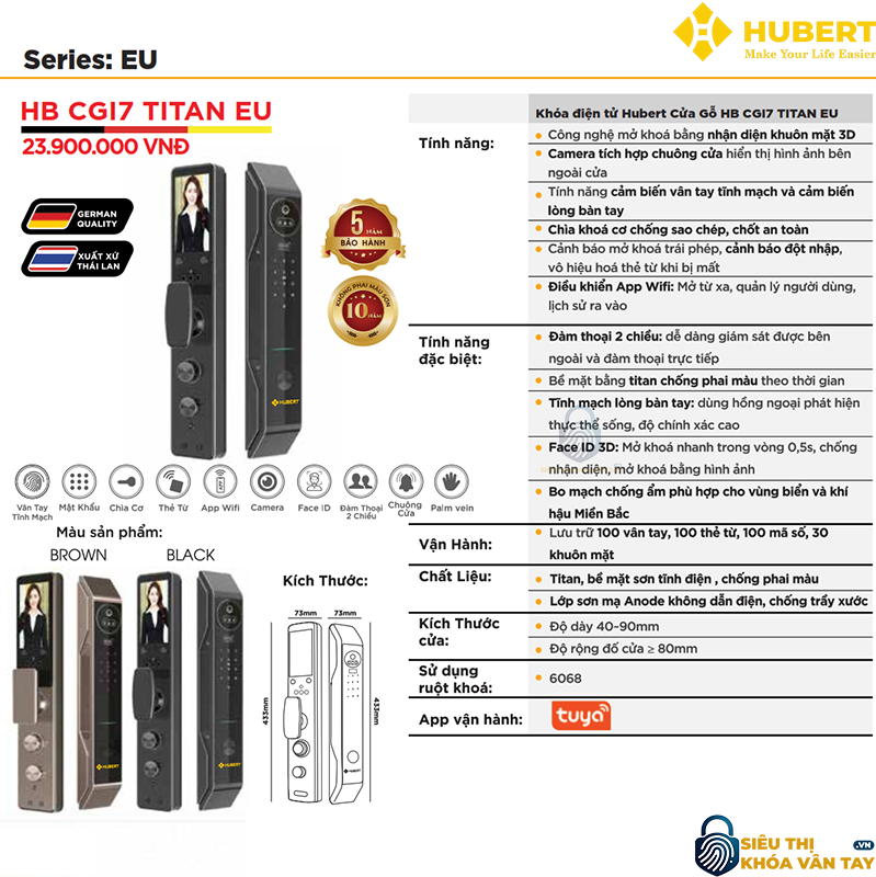 Khóa vân tay cửa gỗ Hubert CGI7 TITAN EU thông minh bảo mật