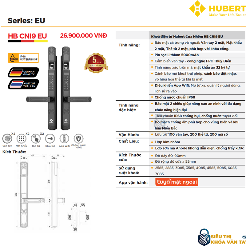 Khóa vân tay cửa nhôm Hubert CN19 EU chính hãng cao cấp