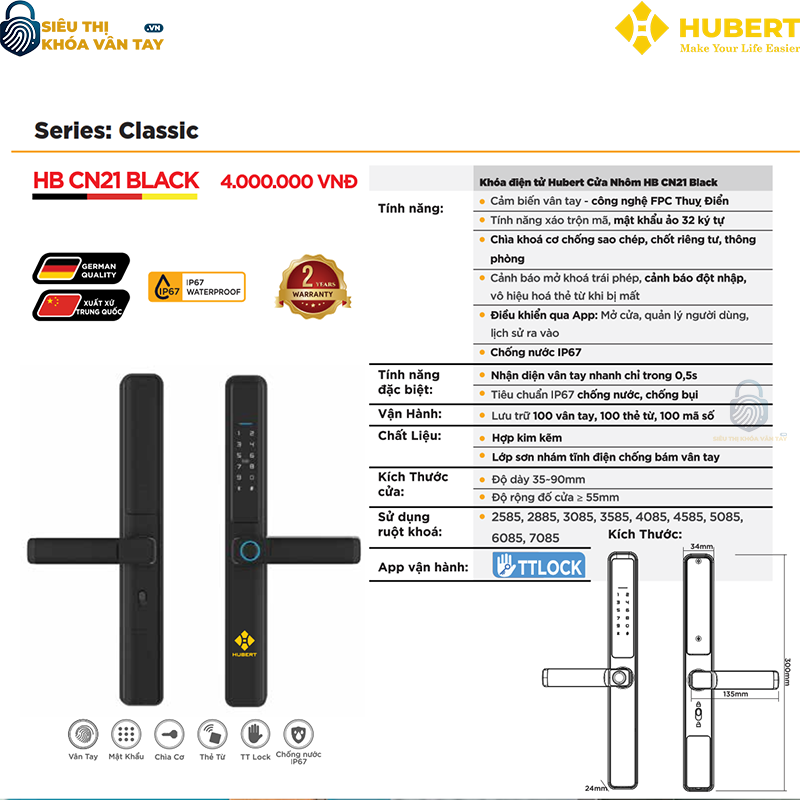 Khóa vân tay cửa nhôm Hubert CN21 BLACK được thiết kế chuyên dụng cho cửa nhôm kính hiện đại