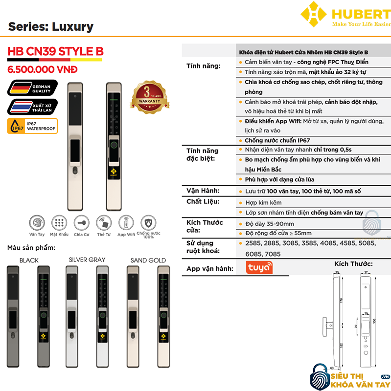 Khóa vân tay cửa nhôm Hubert CN39 chính hãng an toàn