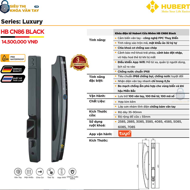 Khóa vân tay cửa nhôm Hubert CN86 BLACK bảo mật an toàn cho ngôi nhà của bạn