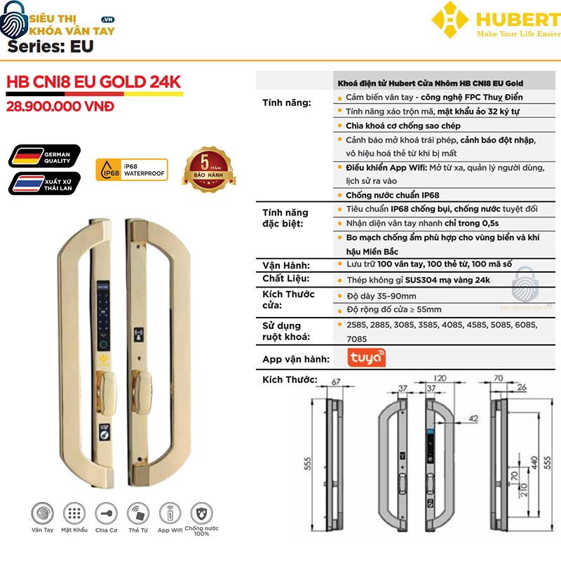 Khóa vân tay cửa nhôm Hubert CNI8 EU GOLD 24K thông minh bảo mật