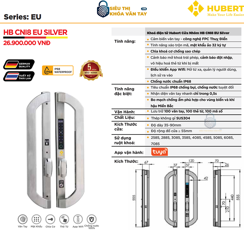 Khóa vân tay cửa nhôm Hubert CNI8 EU SILVER thông minh bảo mật