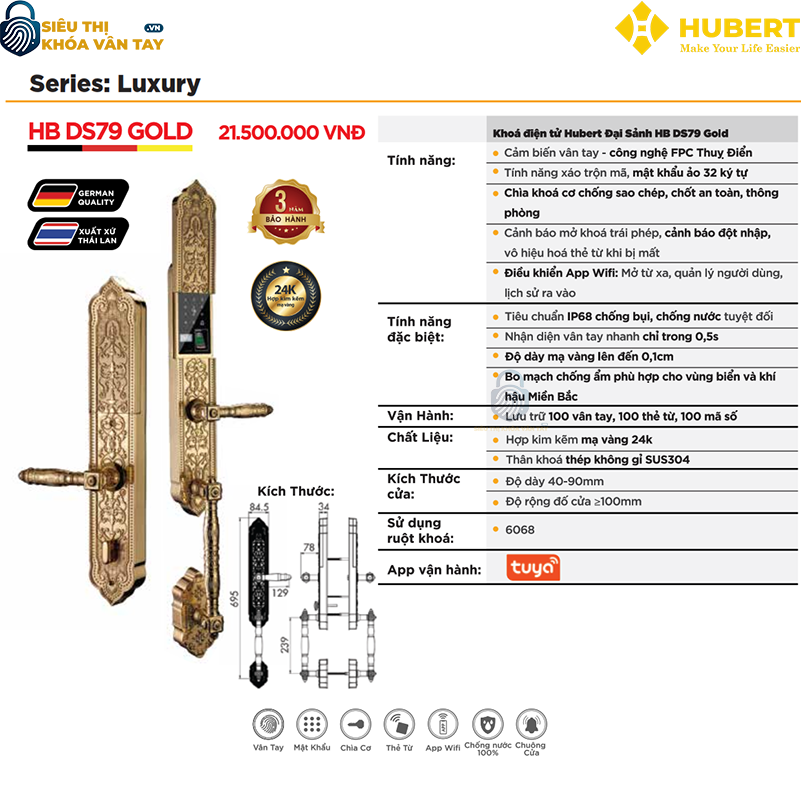 Khóa vân tay đại sảnh Hubert DS79 GOLD thiết kế hiện đại