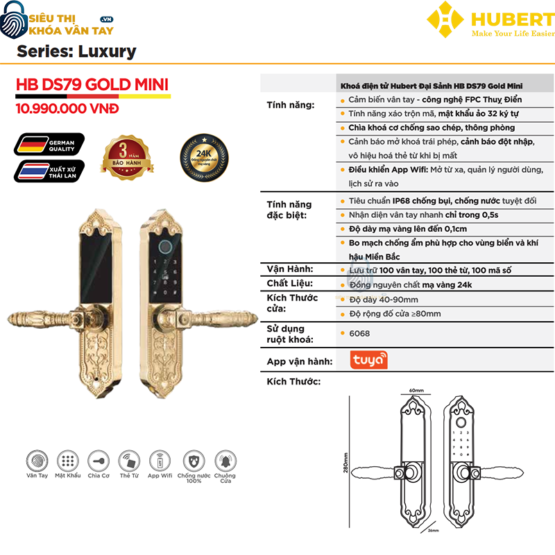Khóa vân tay đại sảnh Hubert DS79 GOLD MINI giá rẻ chất lượng