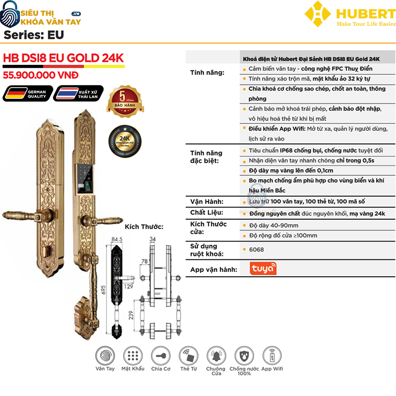 Khóa vân tay Hubert DSI8 EU GOLD 24K, kết hợp giữa công nghệ tiên tiến và vẻ đẹp đẳng cấp