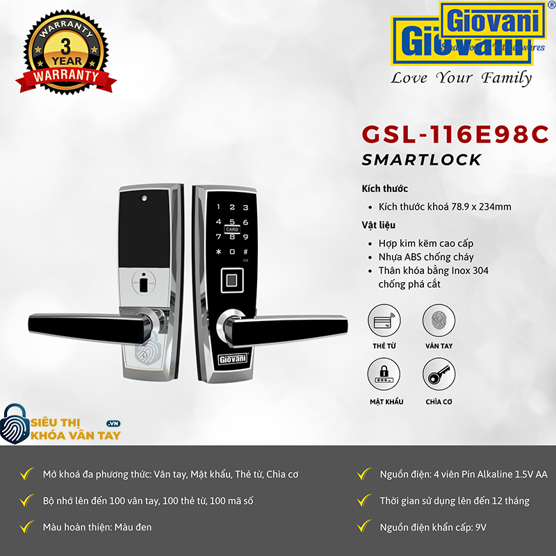 Khóa vân tay Giovani cửa gỗ GSL-116E98C màu đen
