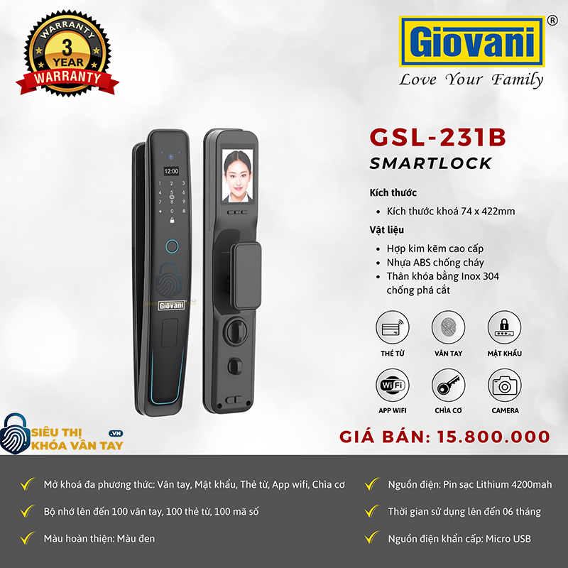 Khóa vân tay Giovani GSL-231B cho cửa gỗ, an ninh cao, thiết kế hiện đại