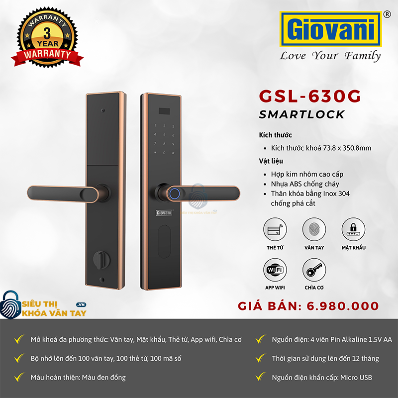 Khóa vân tay Giovani cửa gỗ GSL-630G màu đồng
