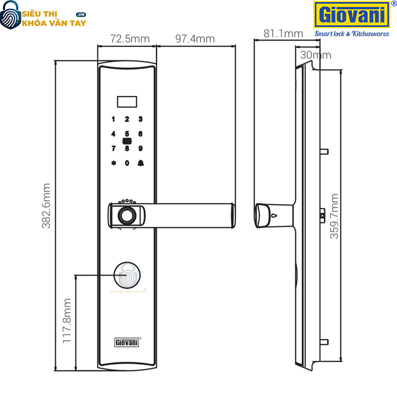 Khóa vân tay Giovani GSL-A2C, bảo vệ an toàn cho cửa gỗ, tính năng vượt trội