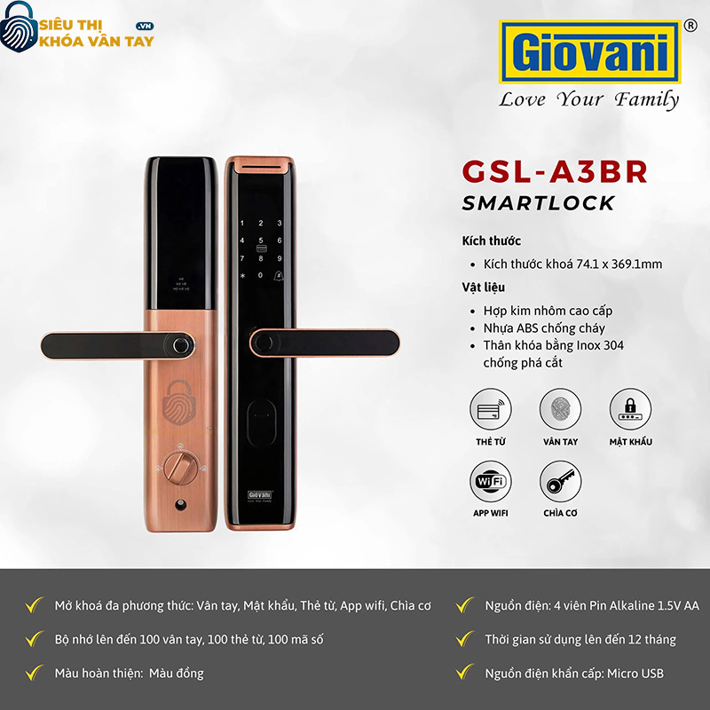 Khóa vân tay Giovani cửa gỗ GSL-A3BR màu đen hồng