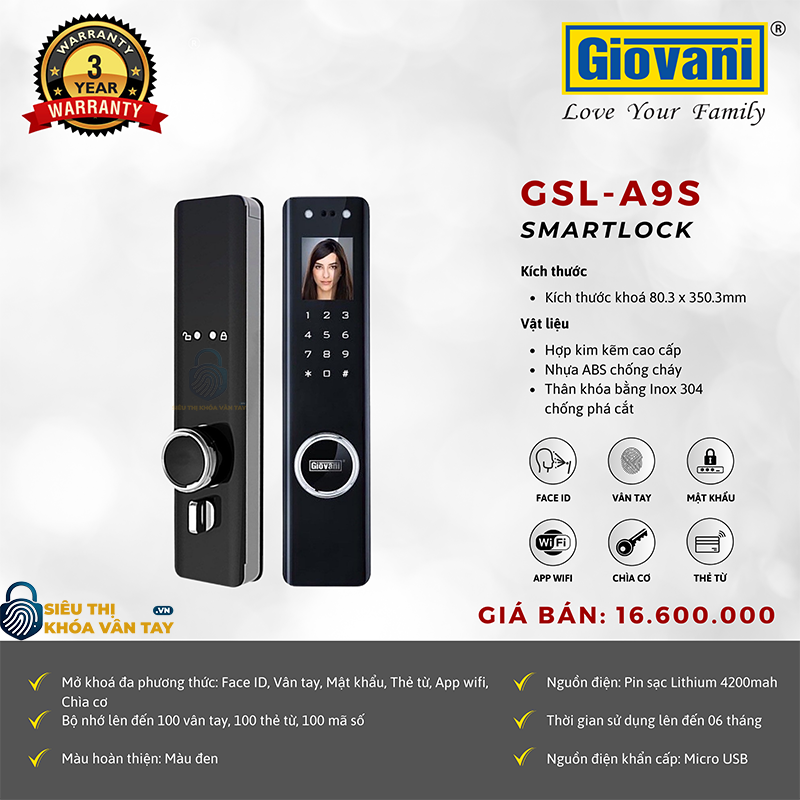 Khóa vân tay Giovani GSL-A9S cho cửa gỗ, bảo mật cao, thiết kế tinh tế
