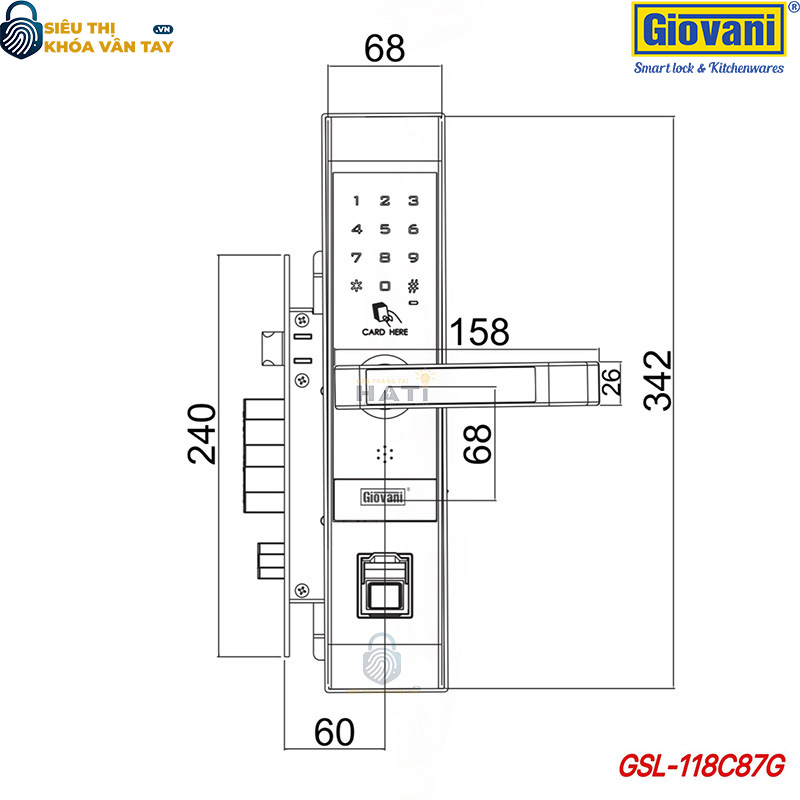 Khóa vân tay cửa gỗ Giovani GSL-C138G màu bạc sang trọng