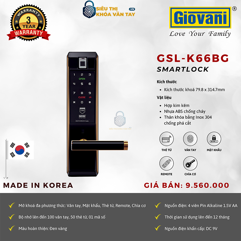 Khóa vân tay Giovani GSL-F66 màu đen, bảo mật cao
