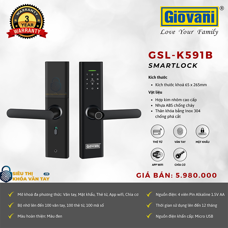 Khóa vân tay Giovani cửa gỗ GSL-K591B màu đen
