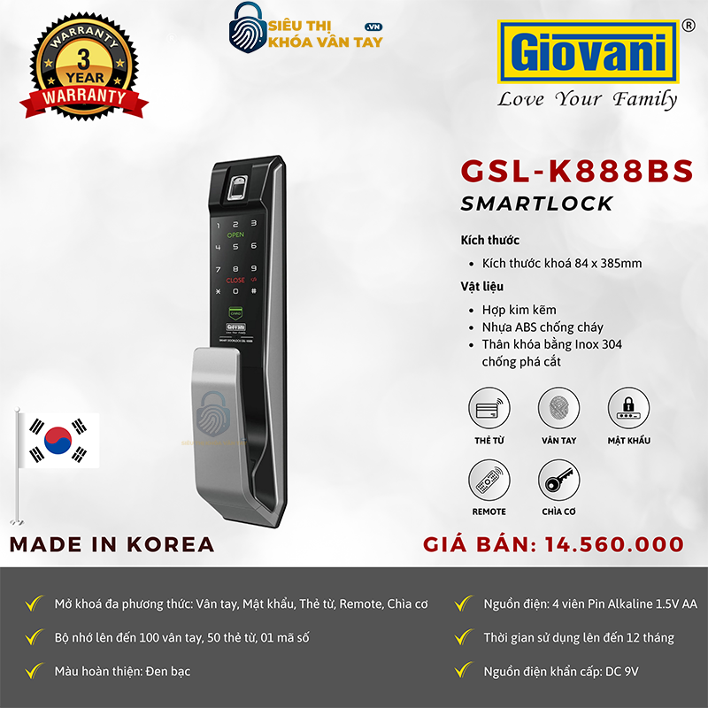 Khóa vân tay Giovani cửa gỗ GSL-K888BG màu đen bạc