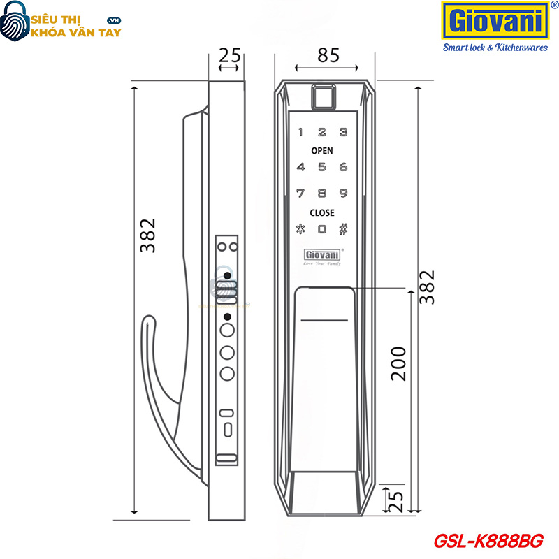 Khóa vân tay Giovani cửa gỗ GSL-K888BG màu đen vàng