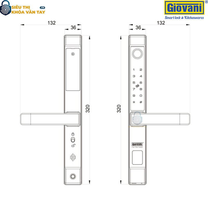 Khóa vân tay Giovani GSL-208GY màu xám, thiết kế sang trọng cho cửa nhôm, tiện lợi và an toàn
