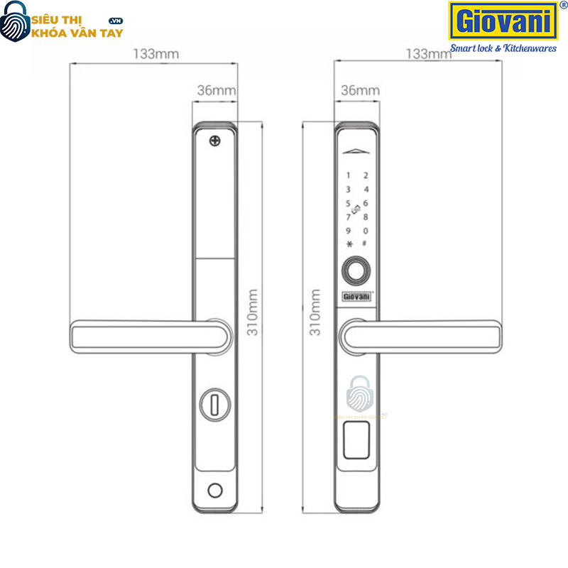 Khóa vân tay Giovani GSL-582B màu đen, bảo mật cao cho cửa nhôm, thiết kế hiện đại