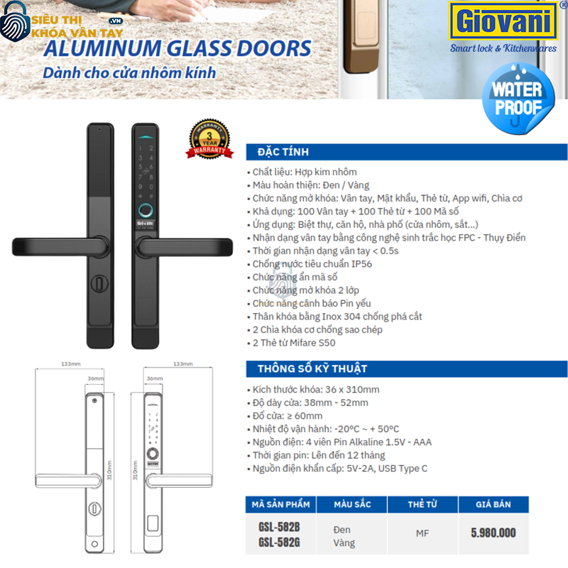 Khóa vân tay Giovani GSL-582B màu đen, giải pháp bảo mật hiệu quả cho cửa nhôm