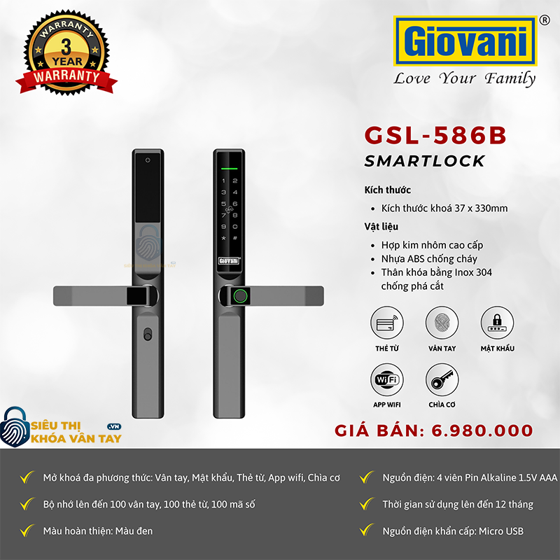 Khóa vân tay Giovani GSL-586B màu đen, bảo mật tuyệt đối cho cửa nhôm, dễ dàng lắp đặt